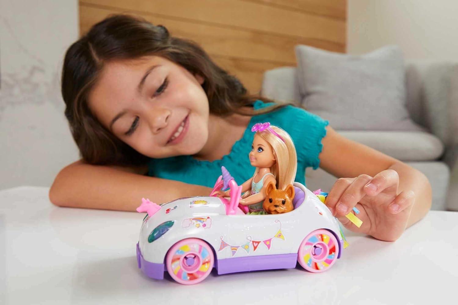 imageBarbie Chelsea Toy Car Set with Unicorn Theme Blonde Small Doll in Removable Skirt Pet Puppy Sticker Sheet amp AccessoriesUnicorn Car