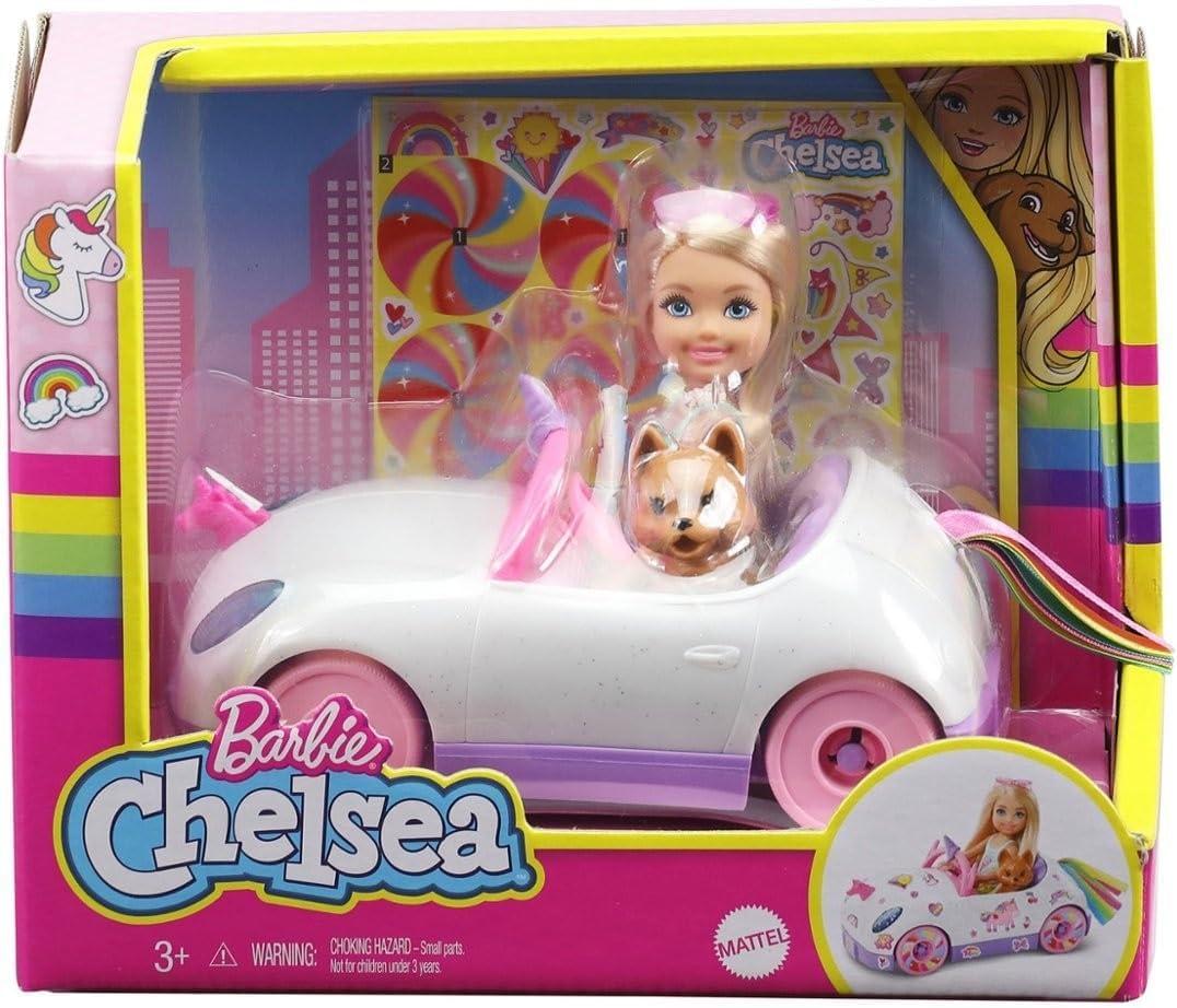 imageBarbie Chelsea Toy Car Set with Unicorn Theme Blonde Small Doll in Removable Skirt Pet Puppy Sticker Sheet amp AccessoriesUnicorn Car