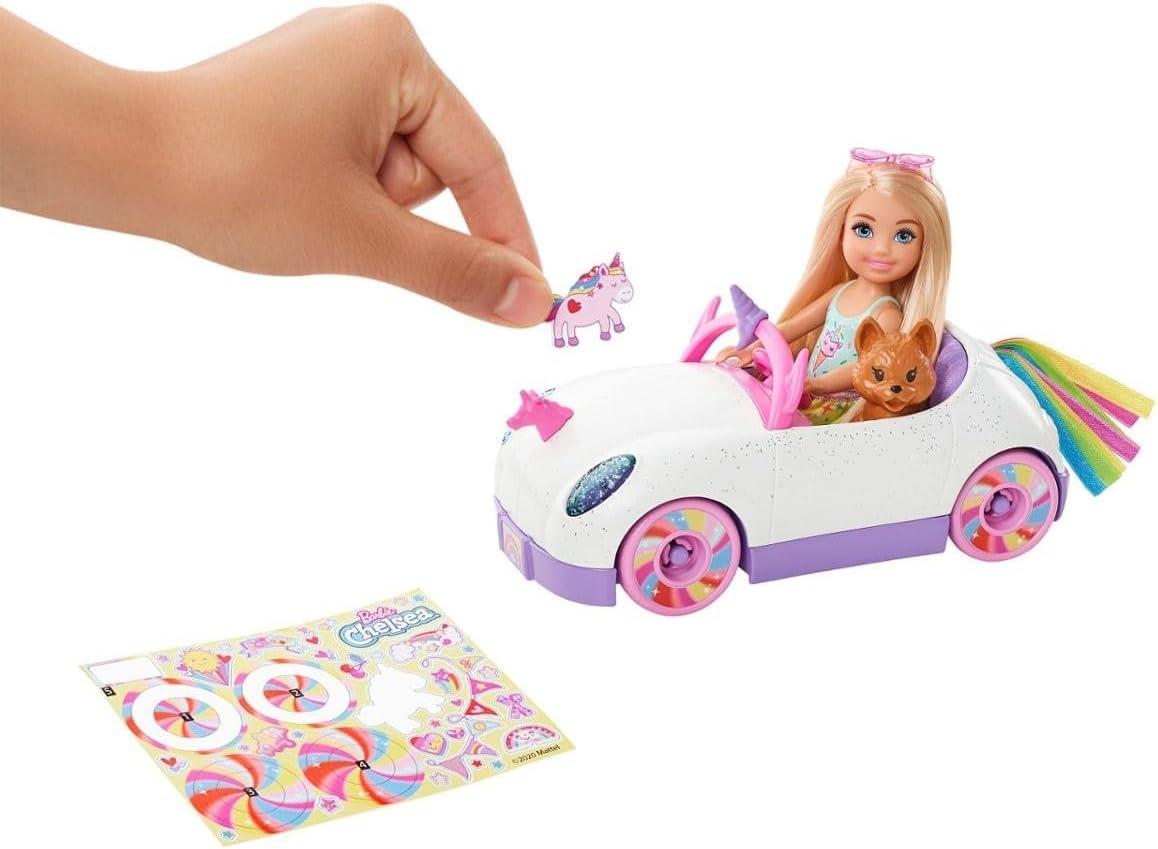 imageBarbie Chelsea Toy Car Set with Unicorn Theme Blonde Small Doll in Removable Skirt Pet Puppy Sticker Sheet amp AccessoriesUnicorn Car