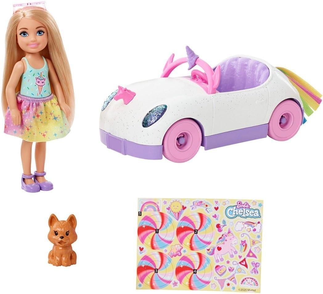 imageBarbie Chelsea Toy Car Set with Unicorn Theme Blonde Small Doll in Removable Skirt Pet Puppy Sticker Sheet amp AccessoriesUnicorn Car