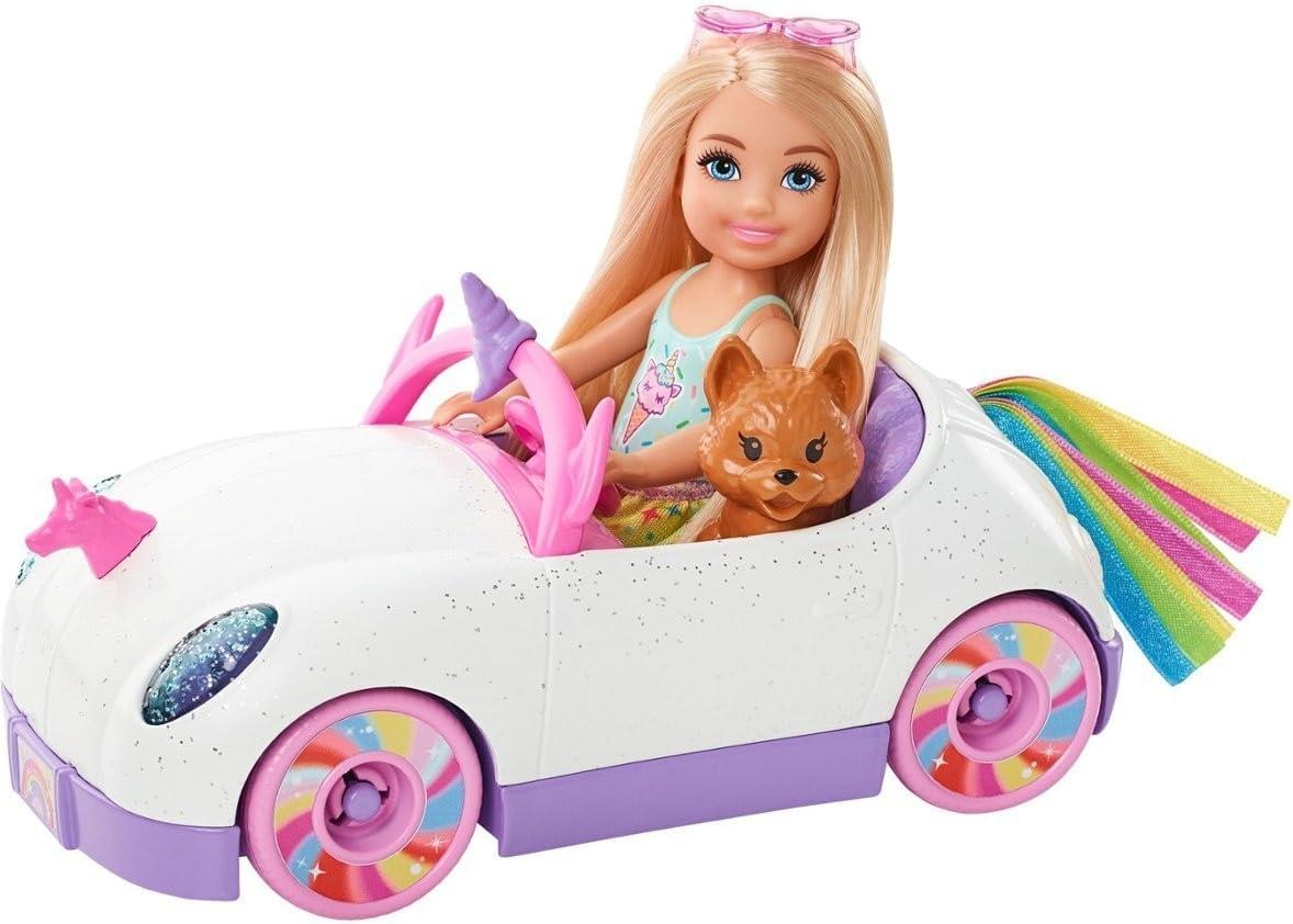 imageBarbie Chelsea Toy Car Set with Unicorn Theme Blonde Small Doll in Removable Skirt Pet Puppy Sticker Sheet amp AccessoriesUnicorn Car