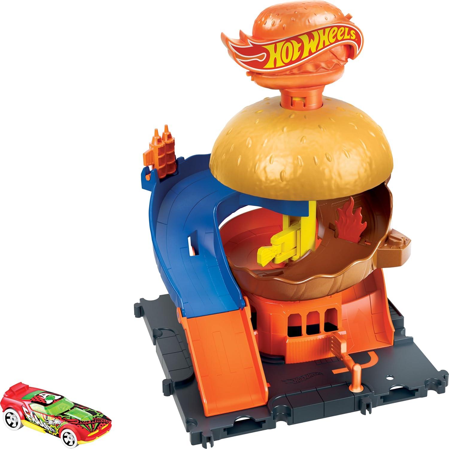 imageHot Wheels City Burger DriveThru Playset with 1 Vehicle Connects to Other Playsets amp Tracks Gift for Kids Ages 4 to 8 Years Old