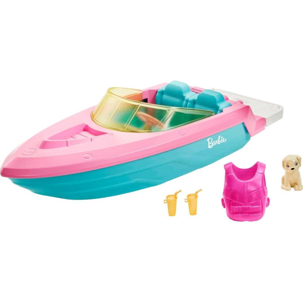 imageBarbie Boat with Puppy and Themed Accessories Fits 3 Dolls Floats in Water Great Gift for 3 to 7 Year Olds