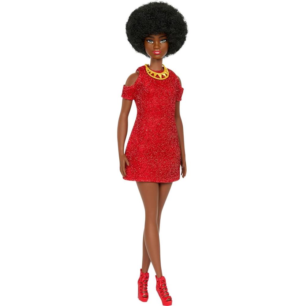 imageBarbie Fashionistas Doll 223 with Blonde Wavy Hair Totally HairInspired Dress amp Accessories 65th Anniversary Collectible ToyRed Knit Dress