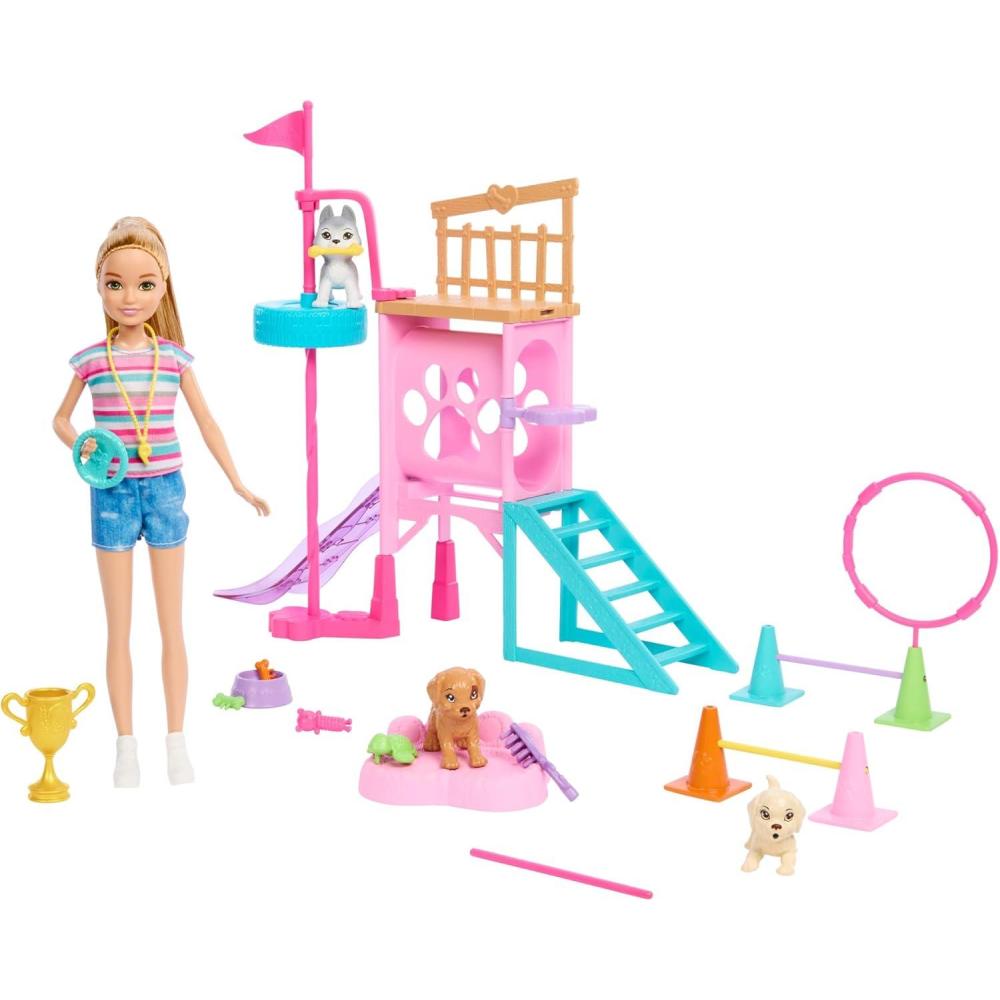 imageBarbie and Stacie to The Rescue Doll amp Playset Puppy Obstacle Course with Doll 3 Dog Figures amp 18 Accessories