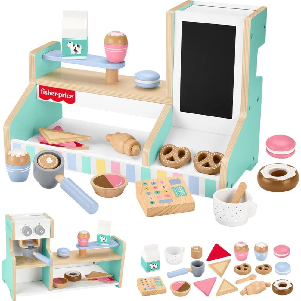 imageFisherPrice Wood Pretend Play Coffee Shop amp Toy Register 20Piece Wooden Food Playset for Preschool Kids Ages 3 YearsCoffee Shop