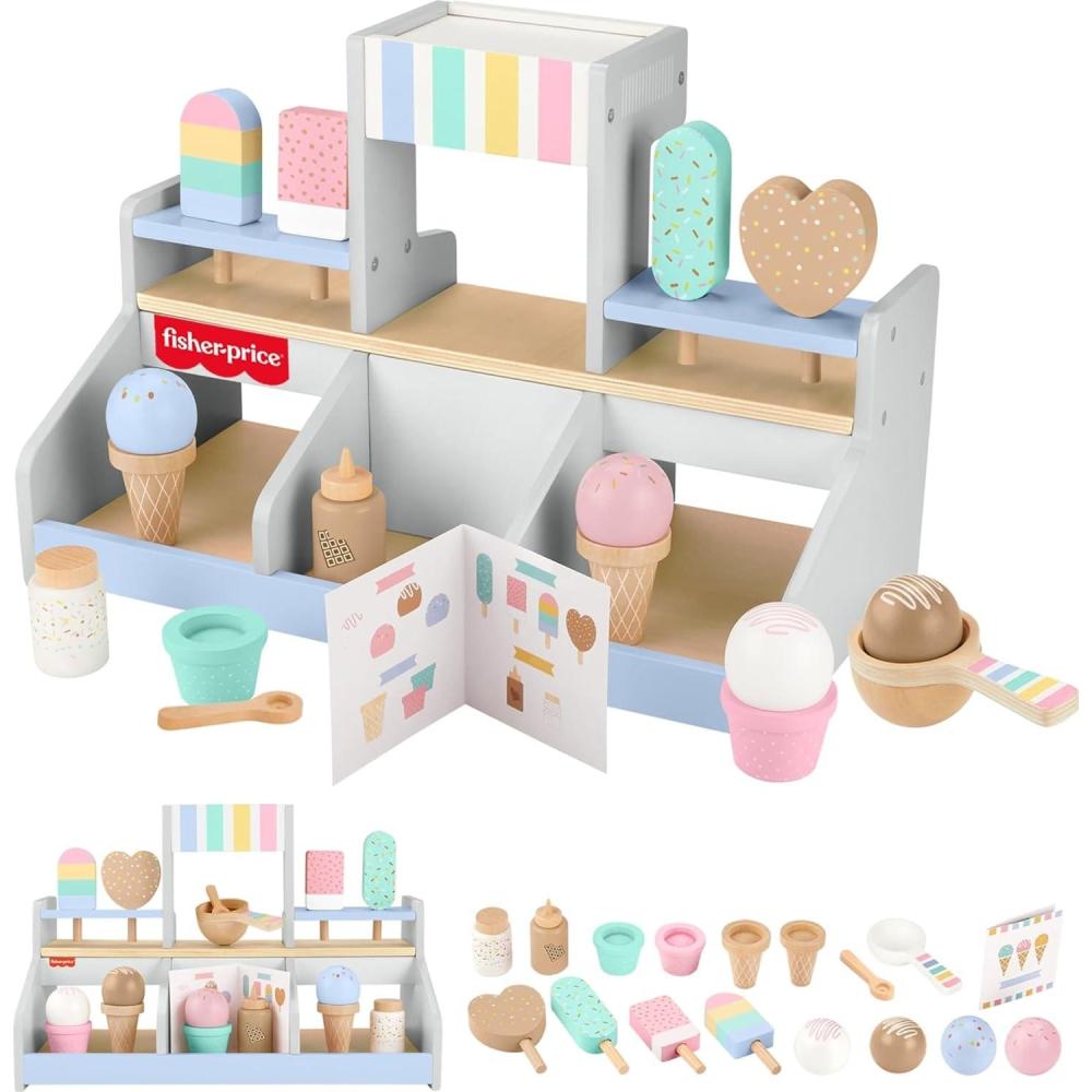 imageFisherPrice Wood Pretend Play Coffee Shop amp Toy Register 20Piece Wooden Food Playset for Preschool Kids Ages 3 YearsIce Cream Shop
