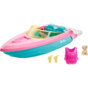 Barbie Boat with Puppy and Themed Accessories, Fits 3 Dolls, Floats in Water, Great Gift for 3 to 7 Year Olds