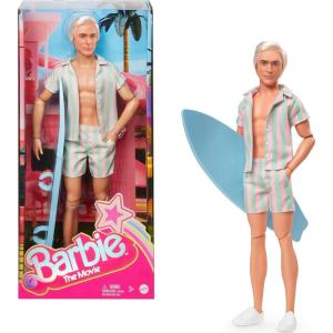 Barbie The Movie Ken Doll Wearing Pastel Pink and Green Striped Beach Matching Set with Surfboard and White Sneakers