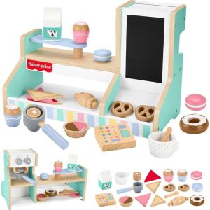 Fisher-Price Wood Pretend Play Coffee Shop & Toy Register, 20-Piece Wooden Food Playset for Preschool Kids Ages 3+ Years(Coffee Shop)