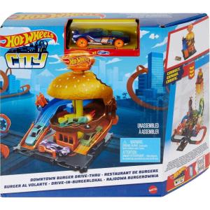 Hot Wheels City Burger Drive-Thru Playset with 1 Vehicle, Connects to Other Playsets & Tracks, Gift for Kids Ages 4 to 8 Years Old