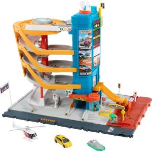 Matchbox Toy Vehicles & Playset, Transportation Center with 5 Levels, Kid& Car-Activated Features, Includes 1:64 Scale Taxi, Boat & Helicopter & Food Vendor Accessory(Transport Center)
