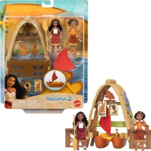 Mattel Disney Moana 2 Toys, Moana & Loto’s Workshop Playset with 2 Small Dolls, Heihei Figure, Floating Boat & 5 Accessories