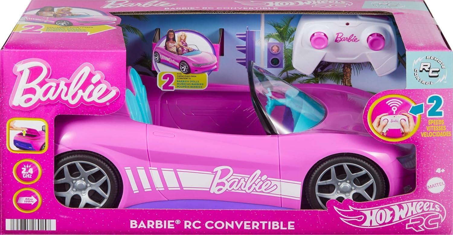 imageHot Wheels Barbie RC Toy Car RemoteControl Pink Convertible Can Hold 2 Barbie Fashion Dolls amp Trunk Opens for Storage Sticker Sheet for CustomizingCar