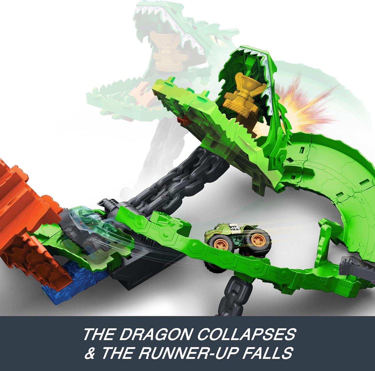 imageHot Wheels Toy Monster Trucks Sharks vs Dinos Dragon Destruction Playset with 164 Scale Great Bite amp Rageasaur Race to Defeat The Cyborg NemesisDragon Track Set