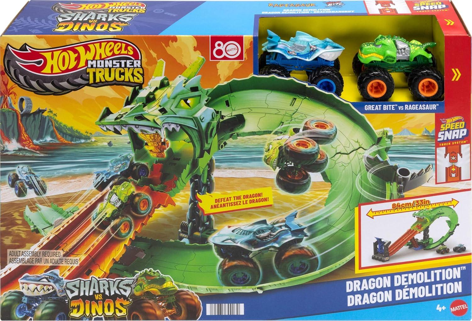 imageHot Wheels Toy Monster Trucks Sharks vs Dinos Dragon Destruction Playset with 164 Scale Great Bite amp Rageasaur Race to Defeat The Cyborg NemesisDragon Track Set