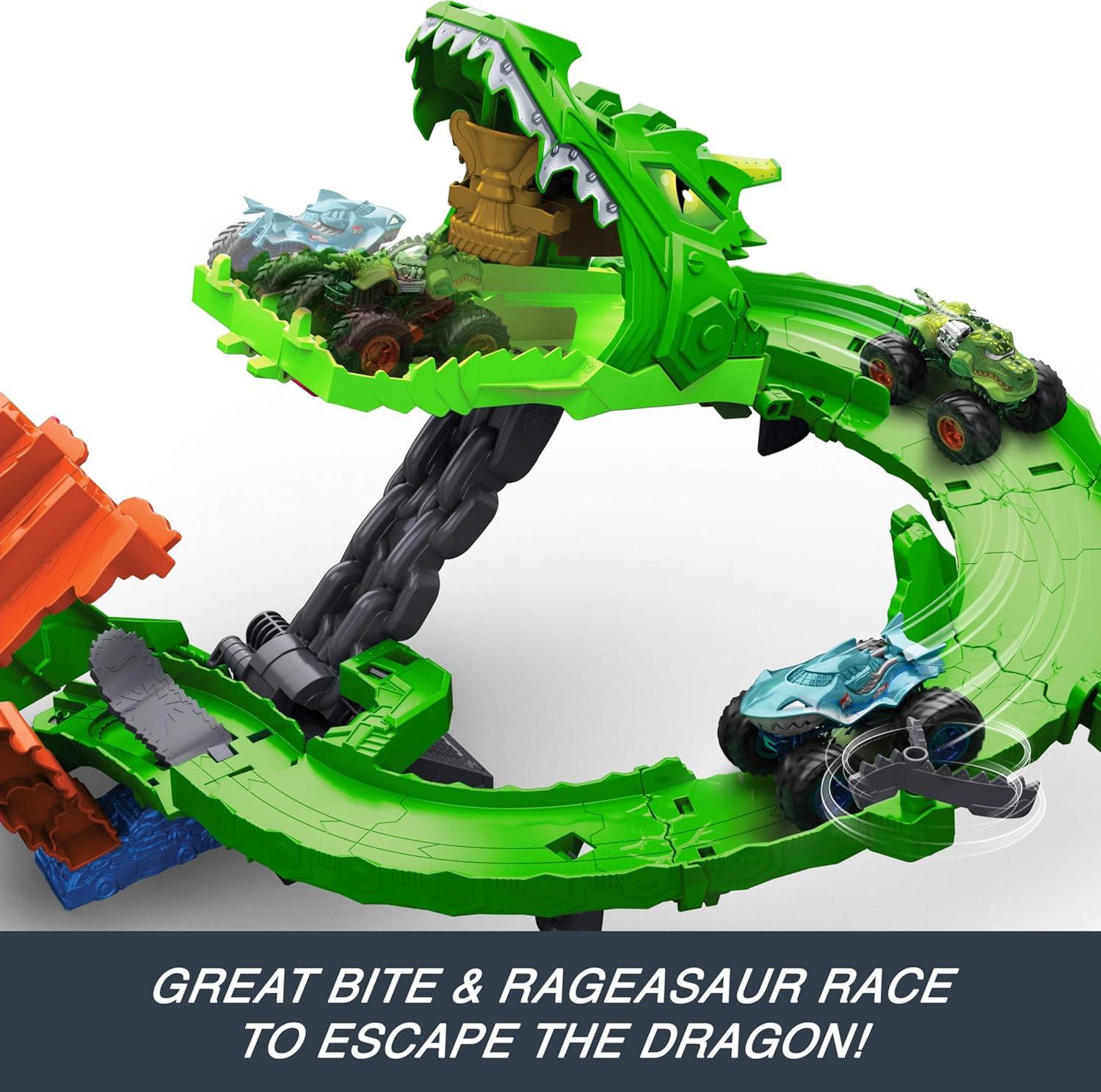 imageHot Wheels Toy Monster Trucks Sharks vs Dinos Dragon Destruction Playset with 164 Scale Great Bite amp Rageasaur Race to Defeat The Cyborg NemesisDragon Track Set