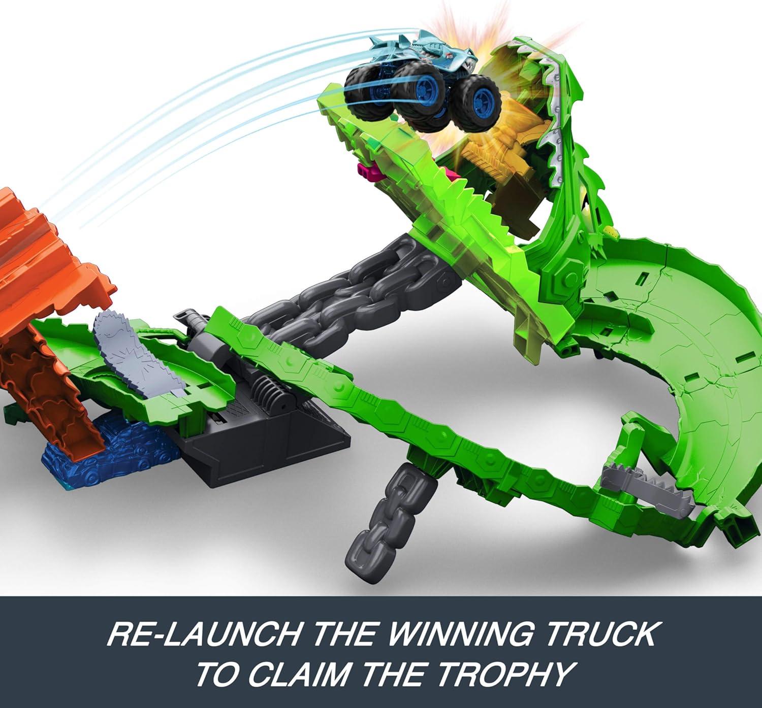 imageHot Wheels Toy Monster Trucks Sharks vs Dinos Dragon Destruction Playset with 164 Scale Great Bite amp Rageasaur Race to Defeat The Cyborg NemesisDragon Track Set