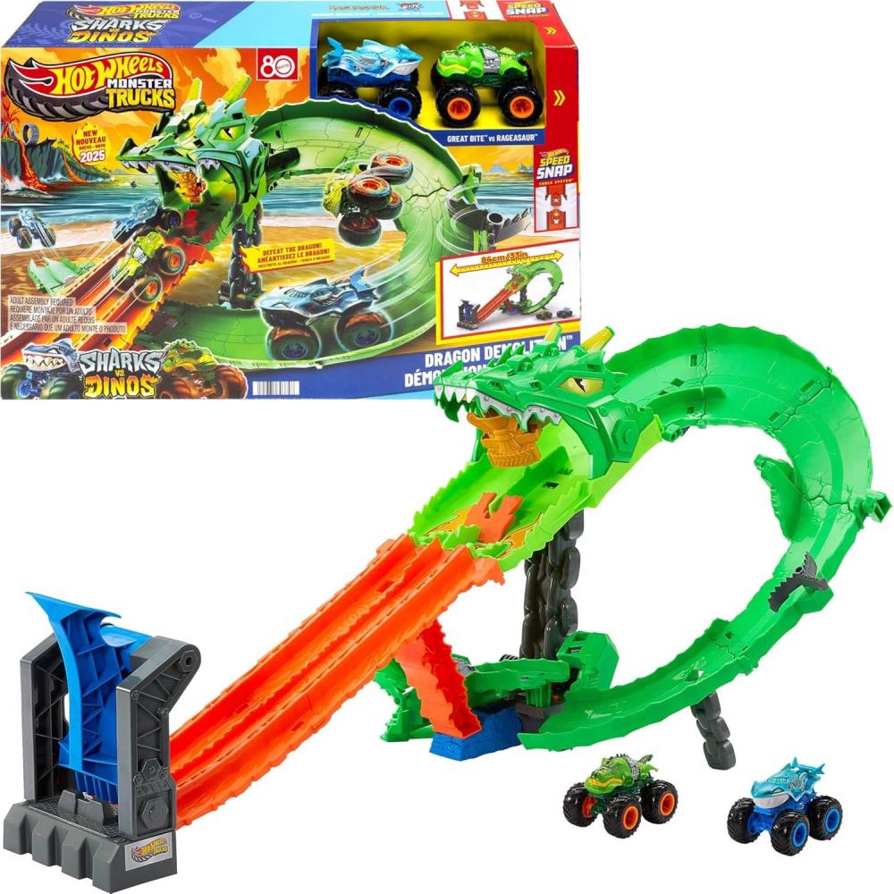 imageHot Wheels Toy Monster Trucks Sharks vs Dinos Dragon Destruction Playset with 164 Scale Great Bite amp Rageasaur Race to Defeat The Cyborg NemesisDragon Track Set