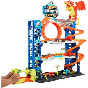 Hot Wheels City Ultimate Garage Track Set with 2 Die-Cast Toy Cars & Car-Eating Dragon, Stores 50+ Vehicles, 4 Levels(Garage)