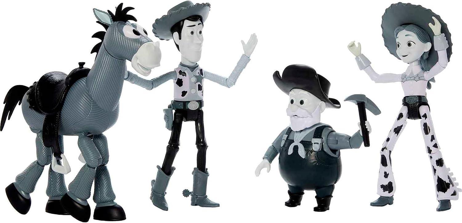 imageMattel Disney and Pixar Toy Story Set with 4 Action Figures Black amp White Woodys Roundup Pack with Woody Jessie Bullseye amp Stinky Pete 7Inch ScaleBlack White