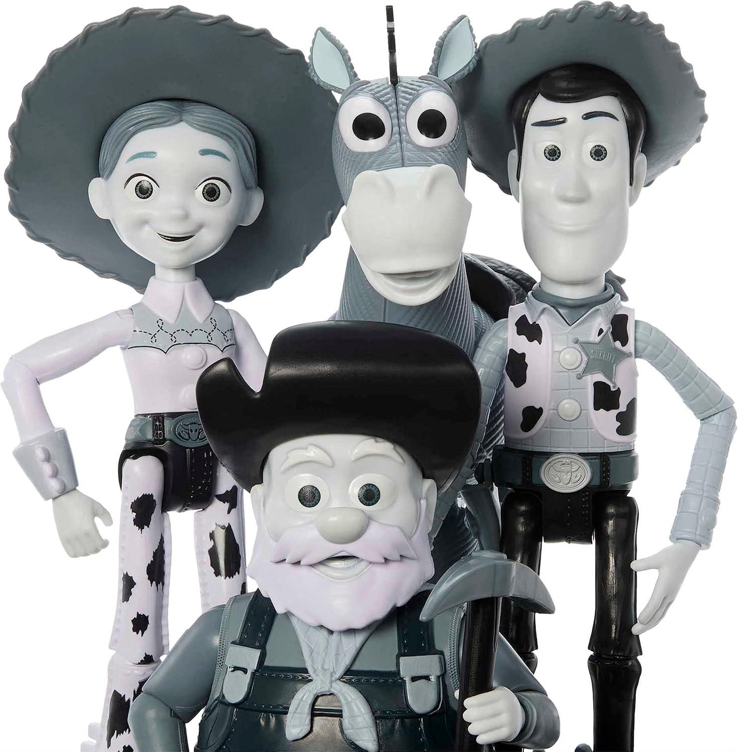 imageMattel Disney and Pixar Toy Story Set with 4 Action Figures Black amp White Woodys Roundup Pack with Woody Jessie Bullseye amp Stinky Pete 7Inch ScaleBlack White