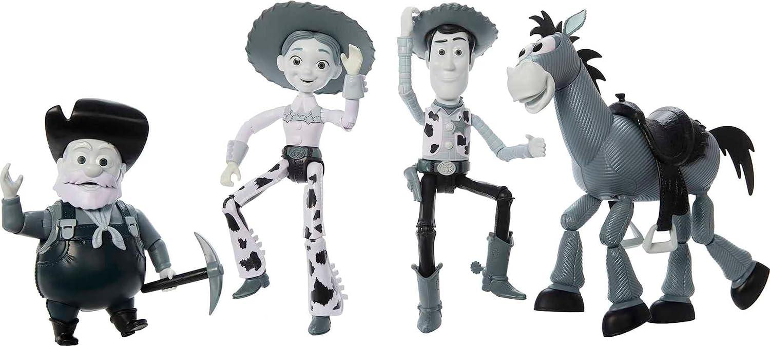 imageMattel Disney and Pixar Toy Story Set with 4 Action Figures Black amp White Woodys Roundup Pack with Woody Jessie Bullseye amp Stinky Pete 7Inch ScaleBlack White