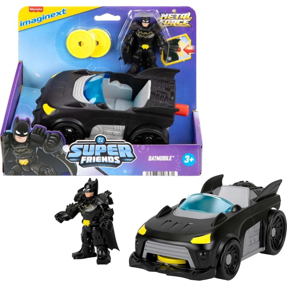 imageFisherPrice Imaginext DC Super Friends Metal Force Batmobile Toy Car 3inch Batman Action Figure amp Accessories Set Includes Launcher amp 2 Discs