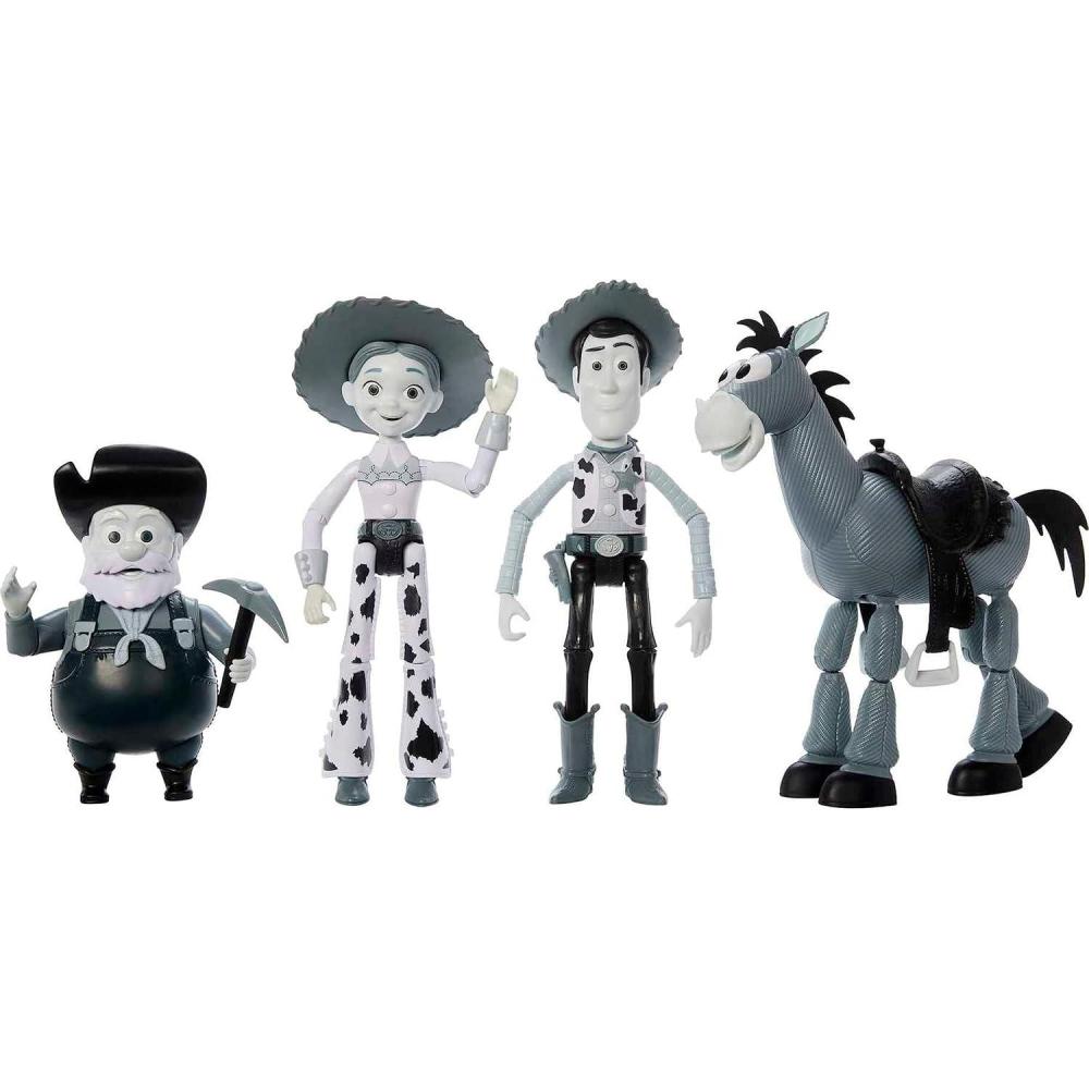 imageMattel Disney and Pixar Toy Story Set with 4 Action Figures Black amp White Woodys Roundup Pack with Woody Jessie Bullseye amp Stinky Pete 7Inch ScaleBlack  White