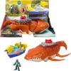 imageFisherPrice Imaginext Jurassic World Rebirth Aquachomp Chase Mosasaurus 18inch Dinosaur Toy with 3inch Action Figure Launcher Boat amp 2 Projectiles