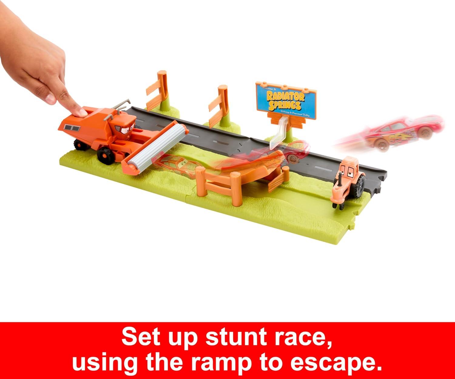 imageMattel Disney and Pixar Cars Playset with 3 Toy Vehicles amp 2 Ways to Play Frank Escape amp Stunt Race Set Includes Lightning McQueen