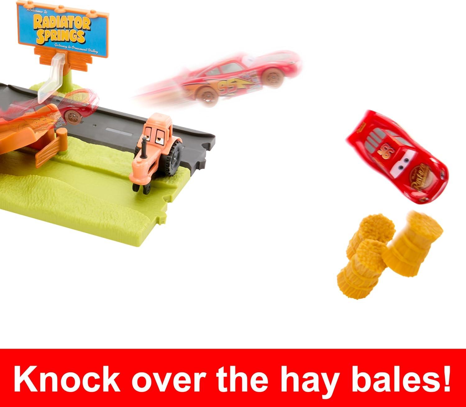 imageMattel Disney and Pixar Cars Playset with 3 Toy Vehicles amp 2 Ways to Play Frank Escape amp Stunt Race Set Includes Lightning McQueen