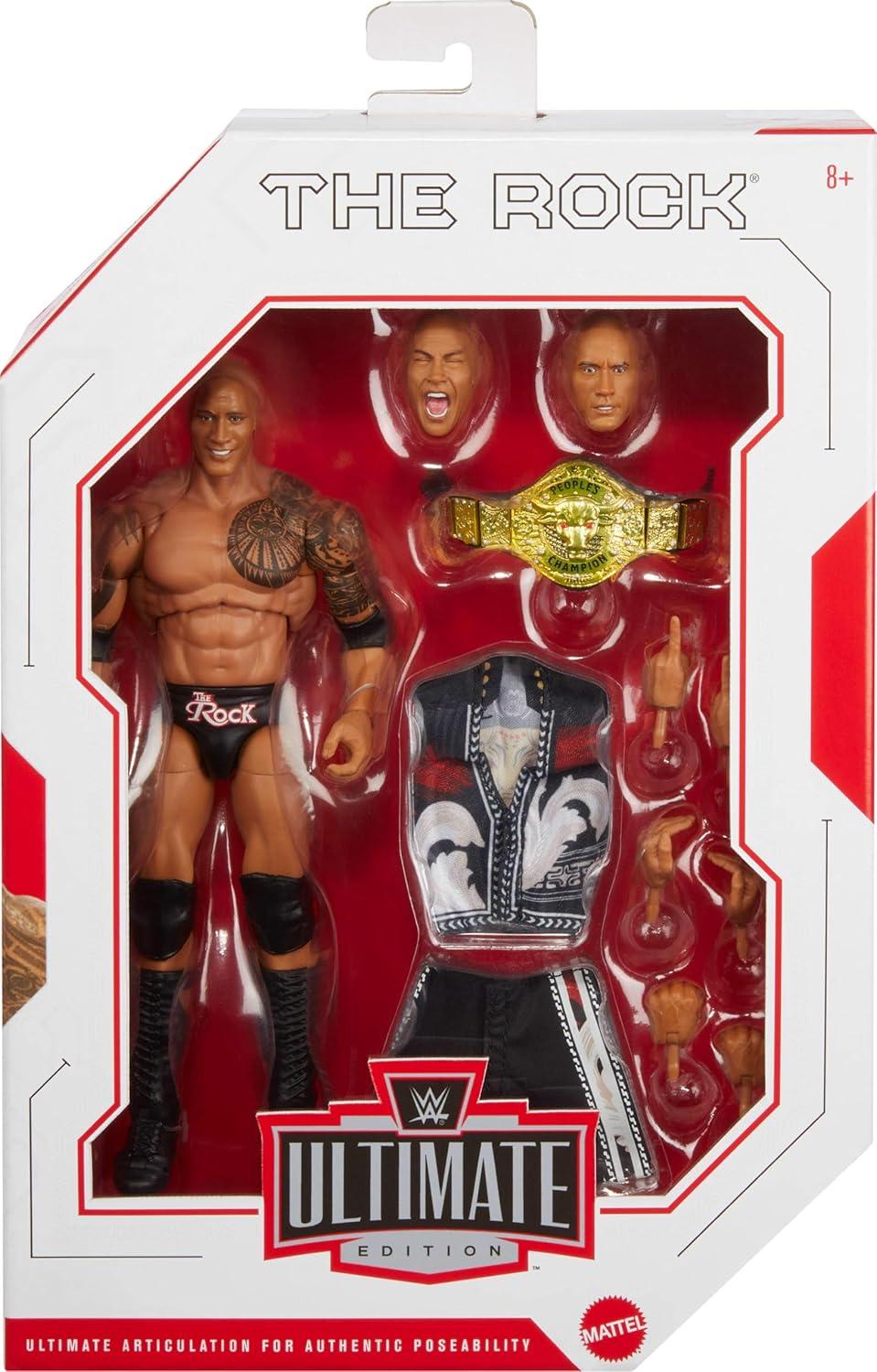 imageMattel WWE Ultimate Edition Action Figure amp Accessories 6inch The Rock Collectible Set Swappable Heads amp Hands 30 Articulation PointsThe Rock