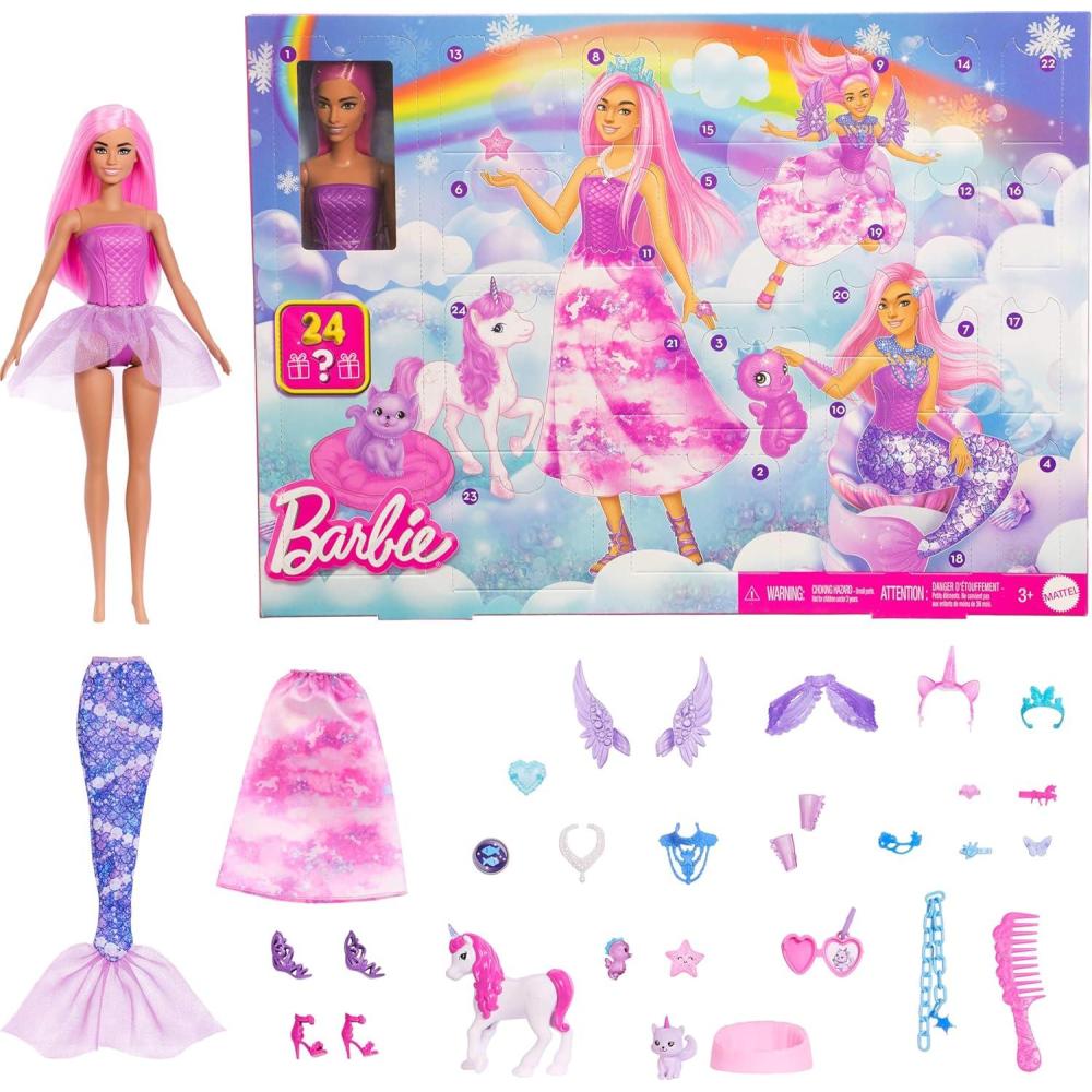 imageBarbie Advent Calendar with Doll amp 24 Surprise Toy Accessories Including Unicorn amp Pets Transform Fashion Doll into Mermaid Fairy amp MoreFantasy