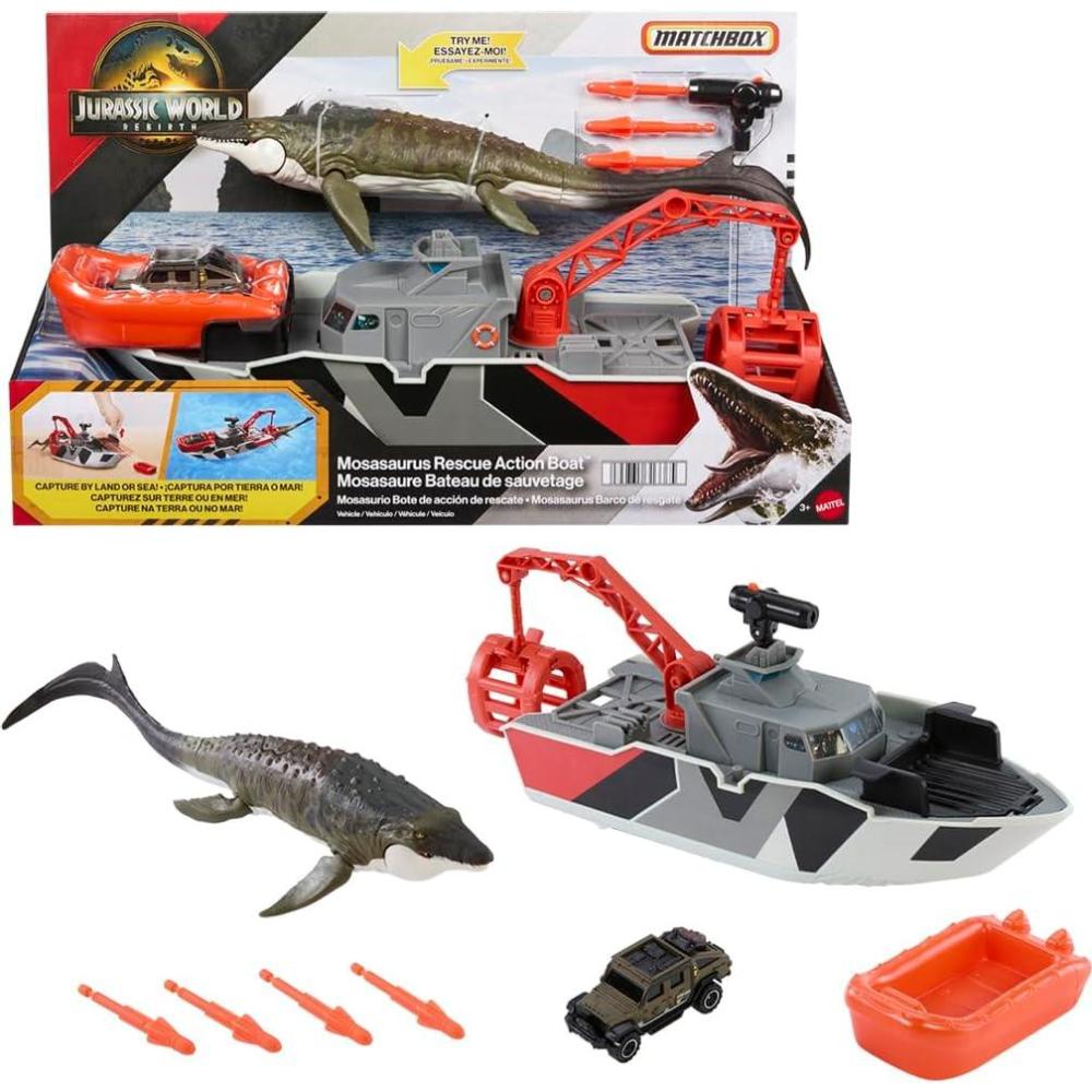 imageMatchbox Toy Car Playset Jurassic World 125 Dino Boat with 13 Mosasaurus Dinosaur 164 DieCast Jeep Harpoon Missiles amp Detachable Rescue Boat