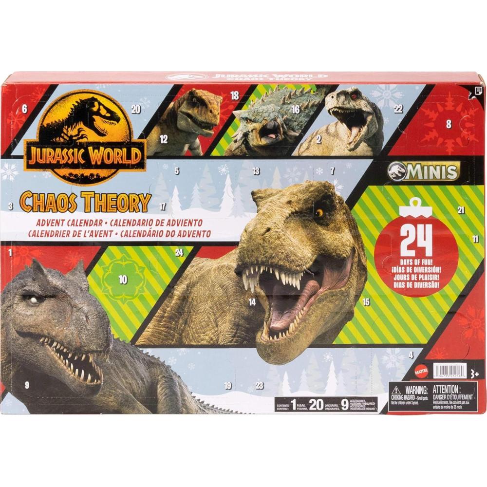 imageMattel Jurassic World Chaos Theory Advent Calendar with 24 Days 30 DinosaurRelated Toy Surprises 20 Mini Dinos 1 Human 9 Fence Pieces