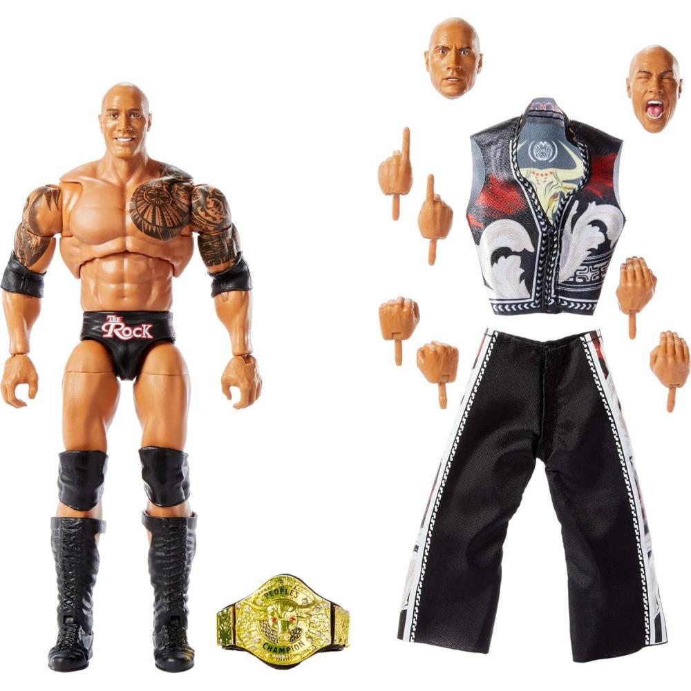 imageMattel WWE Ultimate Edition Action Figure amp Accessories 6inch The Rock Collectible Set Swappable Heads amp Hands 30 Articulation PointsThe Rock