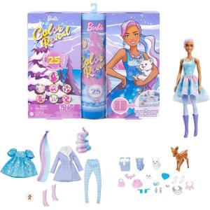 Barbie Color Reveal Advent Calendar, 1 Color Reveal Doll & 3 Pets, Clothes, Accessories & 2 Hair Extensions, 25 Surprises, for Kids