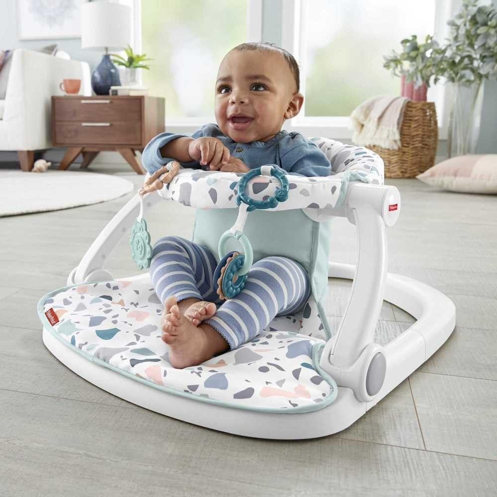imageFisherPrice Portable Baby Chair SitMeUp Floor Seat With Developmental Toys amp Machine Washable Seat Pad Pacific Pebble1 Count