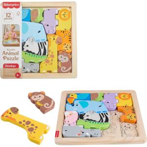 Fisher-Price Wood Toddler Toy Animal Puzzle, 12 Piece Wooden Shape-Sorting Activity for Preschool Kids Ages 2+ Years