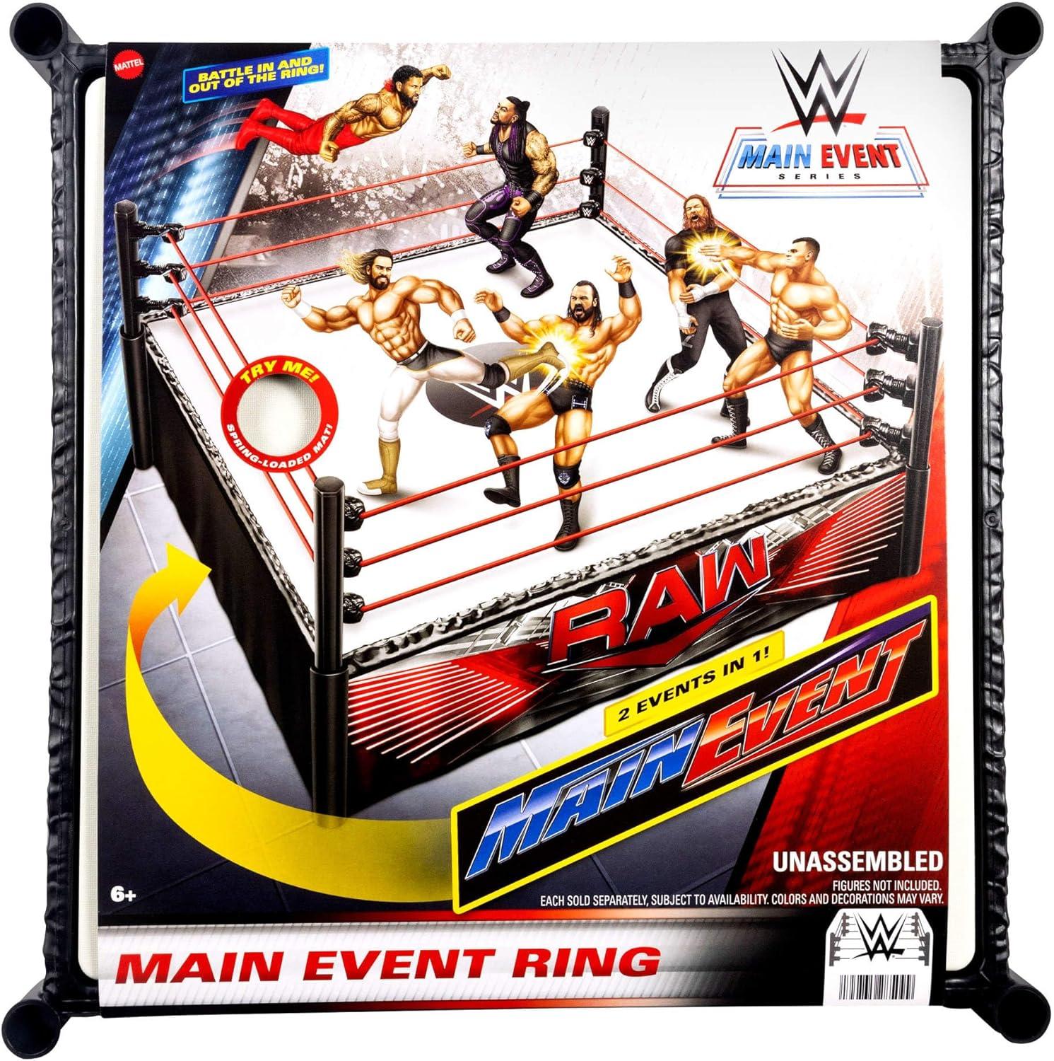 imageMattel WWE Superstar Ring with Labels Main Event amp RAW SpringLoaded Ring Mat amp Pro Tension Elastic Rope