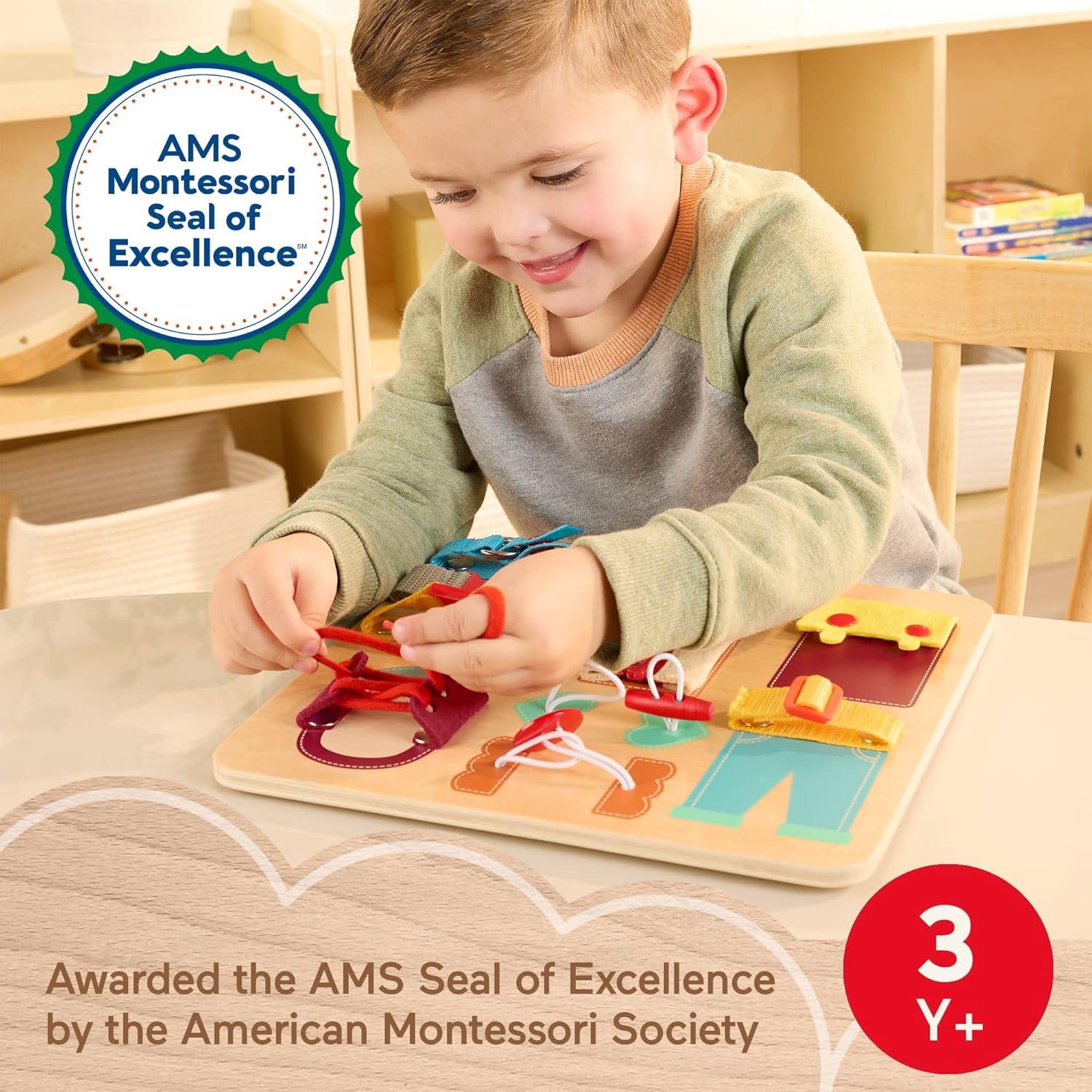 imageFisherPrice Wood Montessori Toy Dressing Board American Montessori Society Seal of Excellence Early Life Skills Learning Busy Activity for Preschool Kids Ages 3 Years Amazon Exclusive