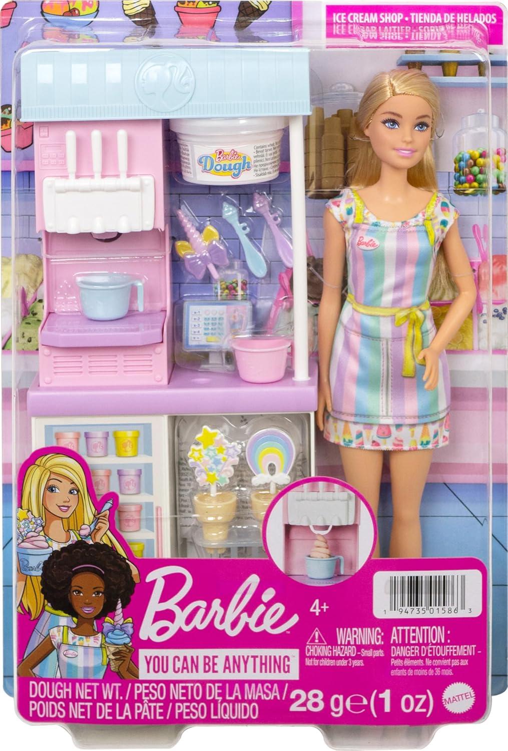 imageBarbie Careers Playset Ice Cream Shop Set with Blonde Fashion Doll Ice Cream Machine Molds Dough amp AccessoriesMulticolor