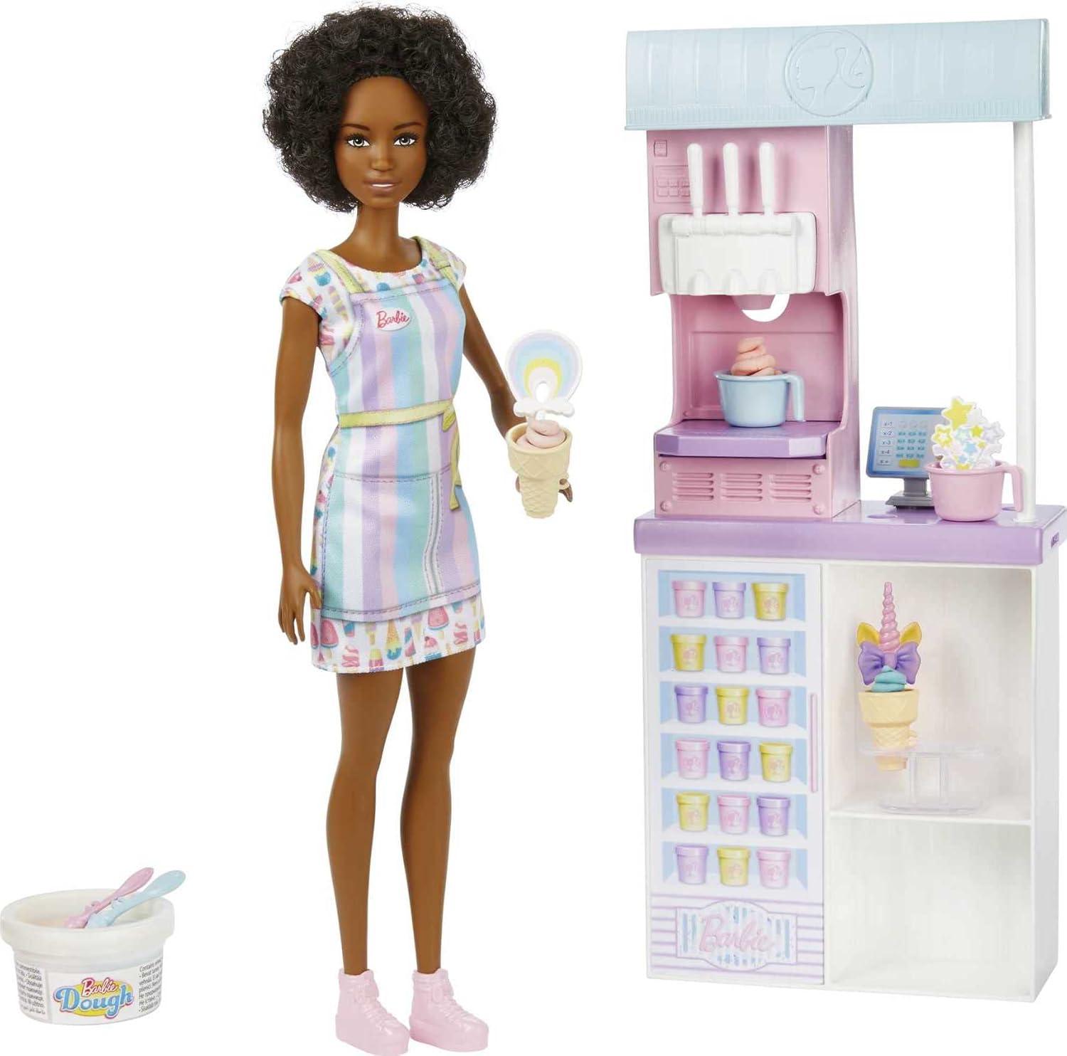imageBarbie Careers Playset Ice Cream Shop Set with Blonde Fashion Doll Ice Cream Machine Molds Dough amp AccessoriesMulticolor