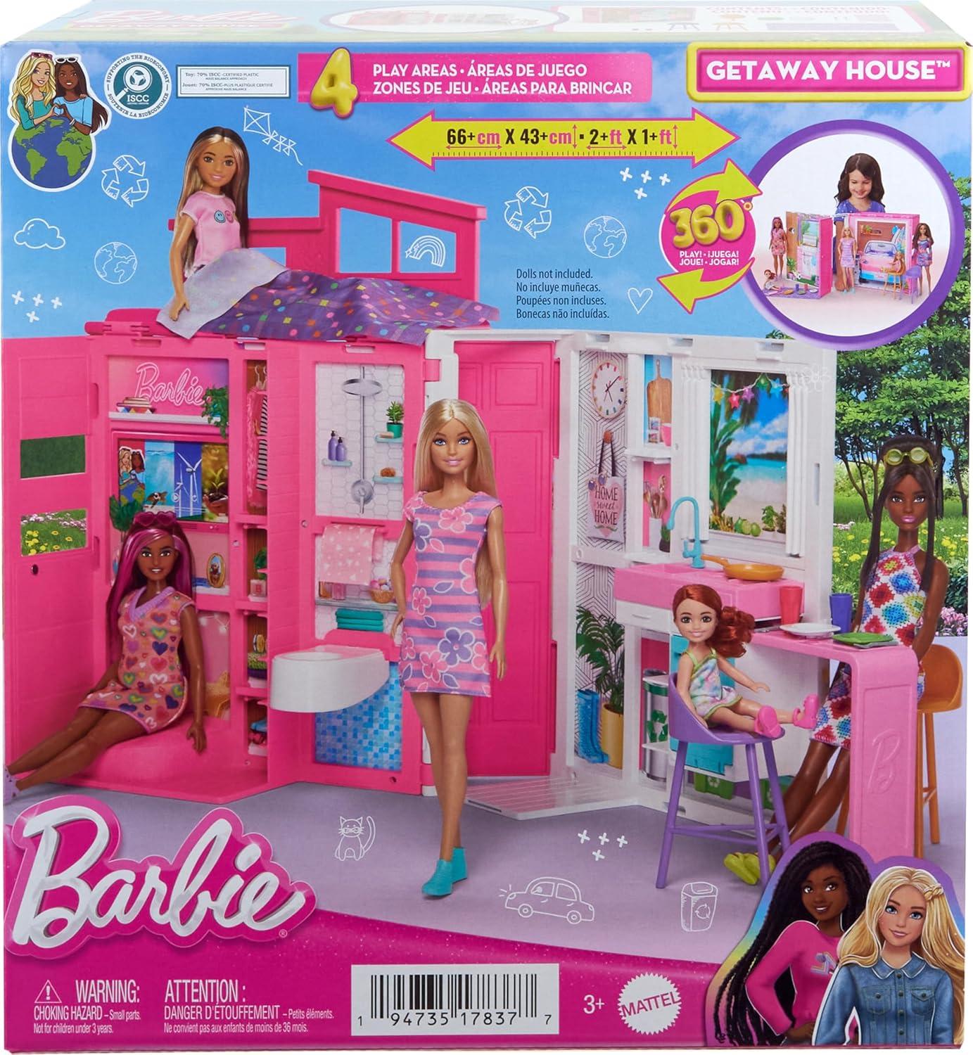 imageBarbie Dollhouse Playset Getaway House with 11 Accessories Including 2 Chairs 4 Play Areas amp 360degree Play