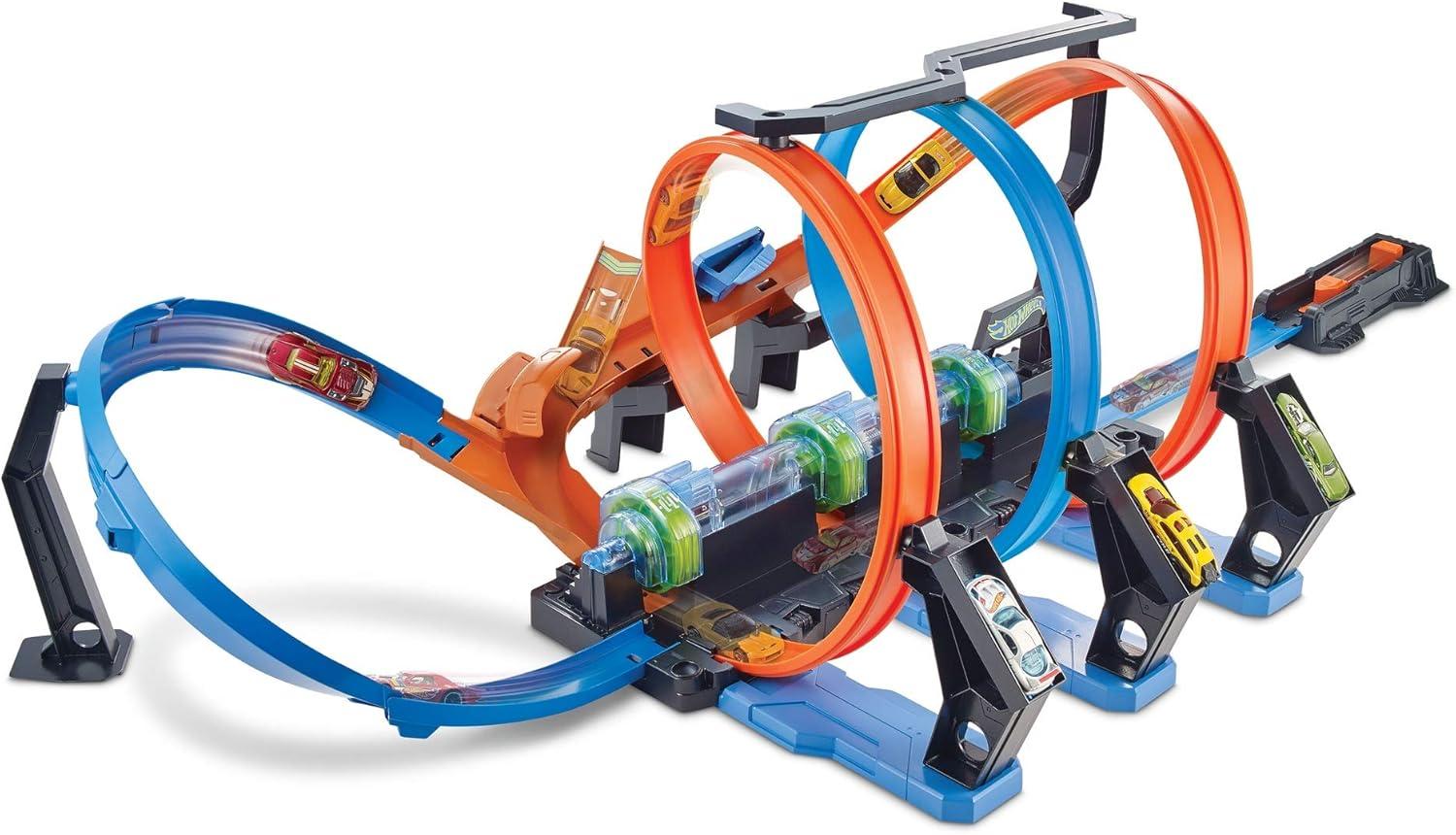 imageHot Wheels Track Set and Toy Car LargeScale Motorized Track with 3 Corkscrew Loops 3 Crash Zones and Toy Storage Amazon ExclusiveStandard