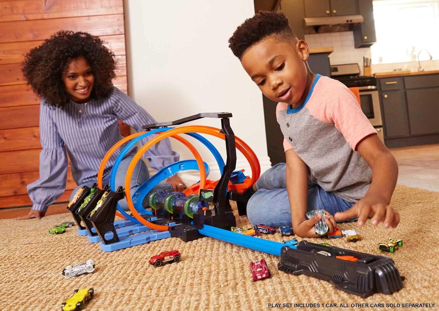 imageHot Wheels Track Set and Toy Car LargeScale Motorized Track with 3 Corkscrew Loops 3 Crash Zones and Toy Storage Amazon ExclusiveStandard