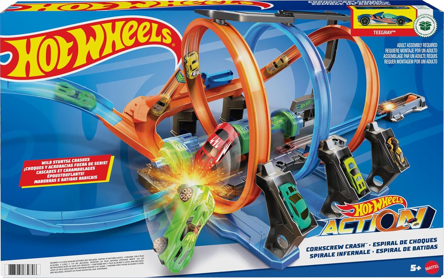 imageHot Wheels Track Set and Toy Car LargeScale Motorized Track with 3 Corkscrew Loops 3 Crash Zones and Toy Storage Amazon ExclusiveStandard