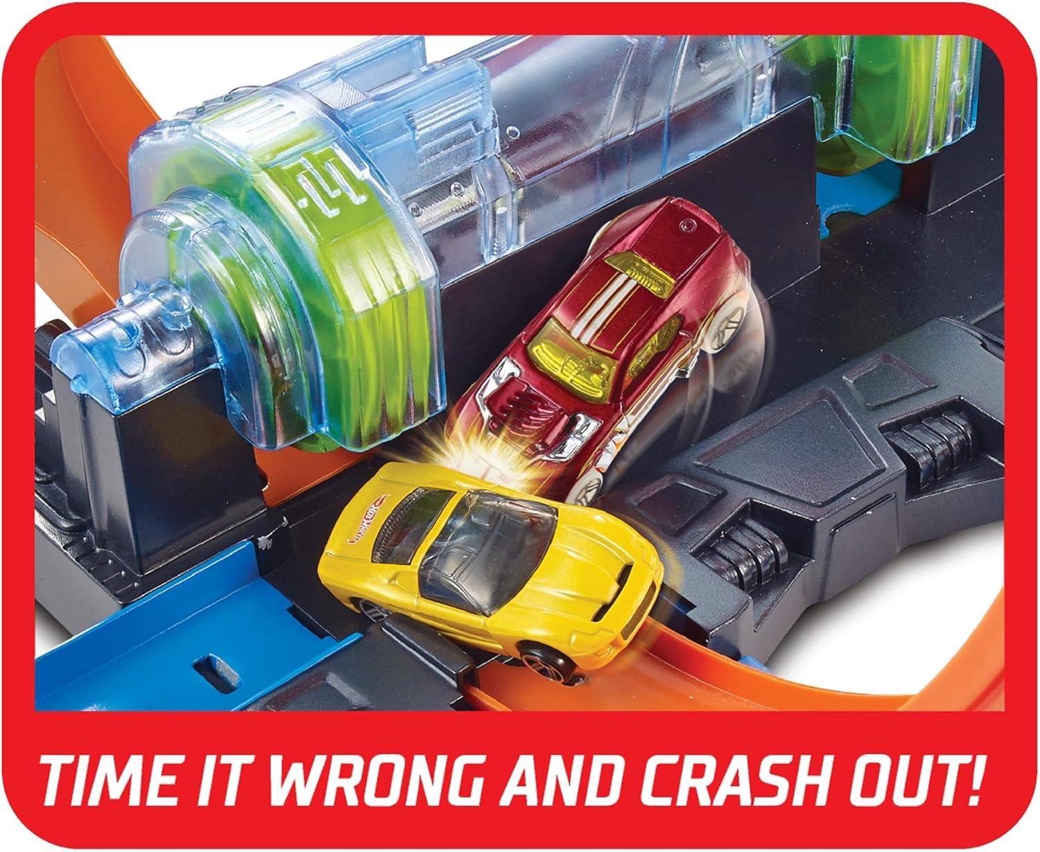 imageHot Wheels Track Set and Toy Car LargeScale Motorized Track with 3 Corkscrew Loops 3 Crash Zones and Toy Storage Amazon ExclusiveStandard