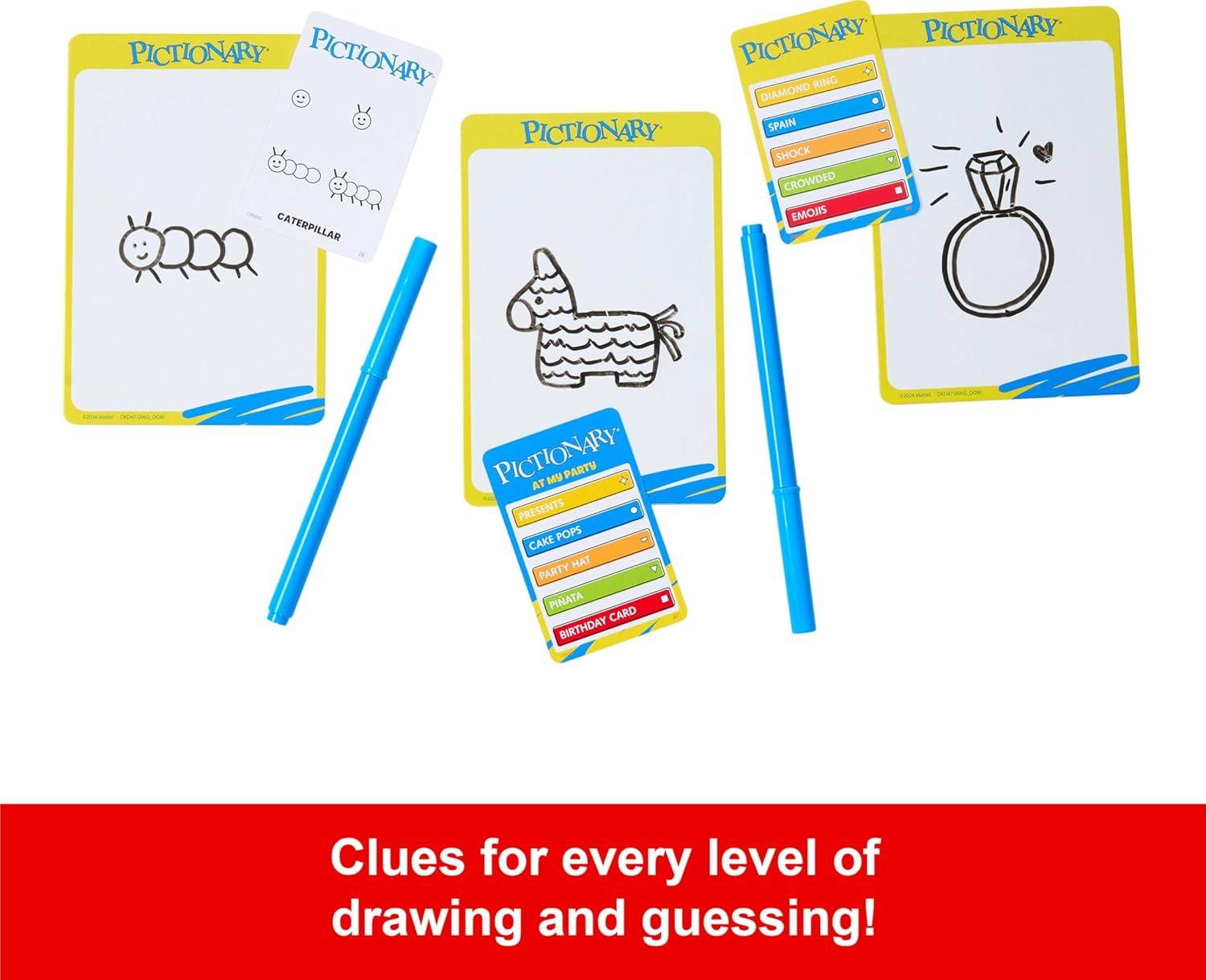 imageMattel Games Pictionary Family Board Game for Kids Adults and Game Night for 2 Teams with Erasable Markers Boards and Sand TimerOriginal